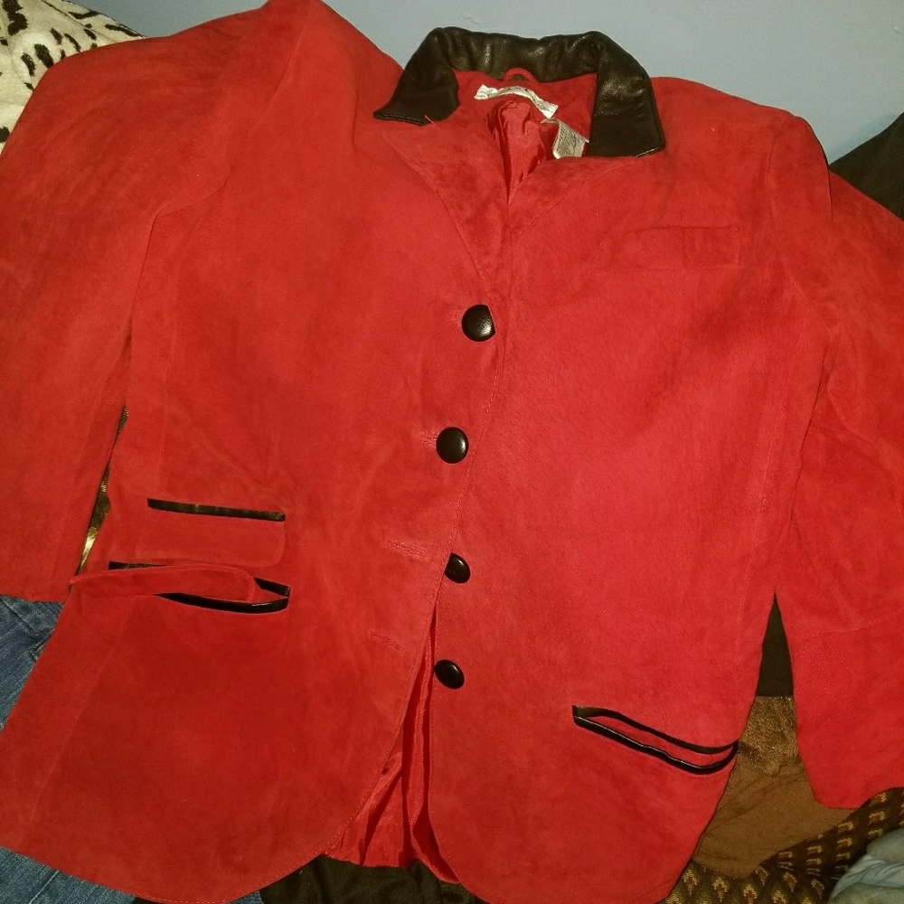 Red blazer with black leather collars